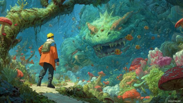 Fantasy Naruto Landscape Wallpaper, An imaginative portrayal of Naruto entering a magical realm filled with mythical creatures and vibrant flora.