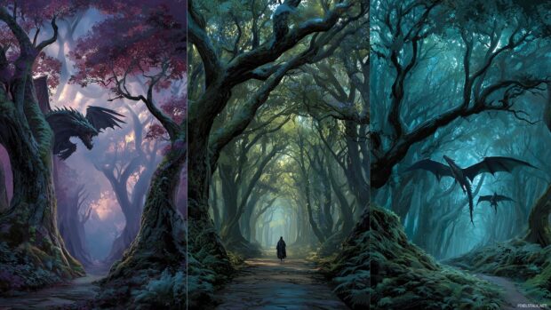 Fantasy backgrounds depicting enchanting forests filled with mythical creatures.