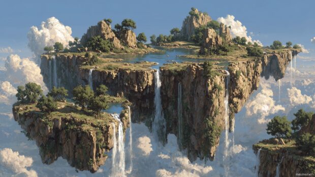 Fantasy backgrounds envisioning a floating island with cascading waterfalls.