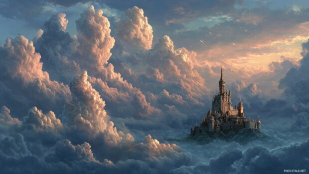 Fantasy castle surrounded by clouds and a magical landscape, animated 3D wallpapers.