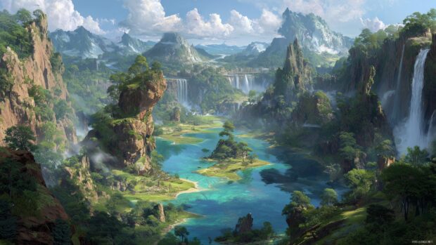 Fantasy landscape wallpaper for desktop, An enchanting valley with floating islands, lush greenery, and a majestic waterfall cascading into a crystal clear lake.