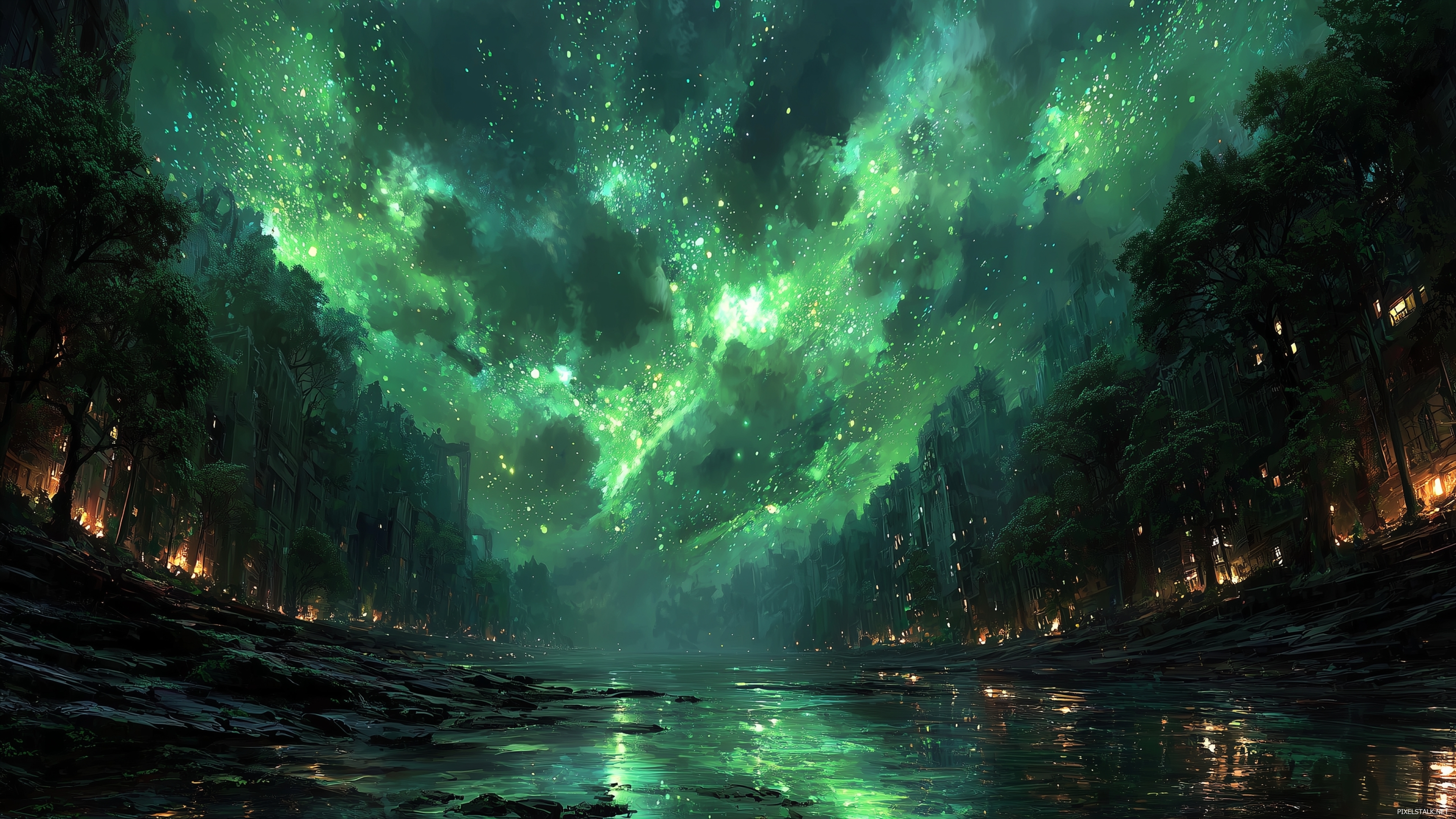 Fantasy landscape with shimmering green lights abstract green wa.