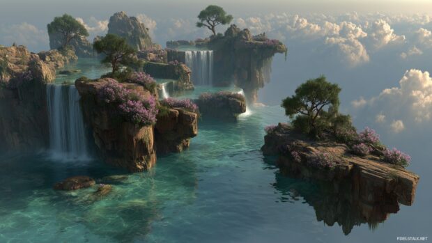 Floating islands in a dreamy atmosphere with waterfalls, animated 3D wallpapers.