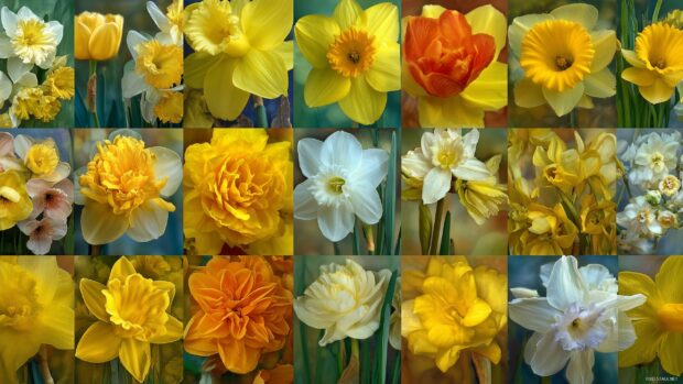 Floral daffodil wallpaper, A bright and colorful collage of different daffodil varieties, celebrating the diversity of this beloved spring flower.