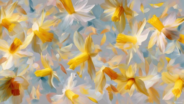 Floral daffodil wallpaper, An abstract arrangement of daffodil petals scattered over a soft pastel background, creating a vibrant floral atmosphere.