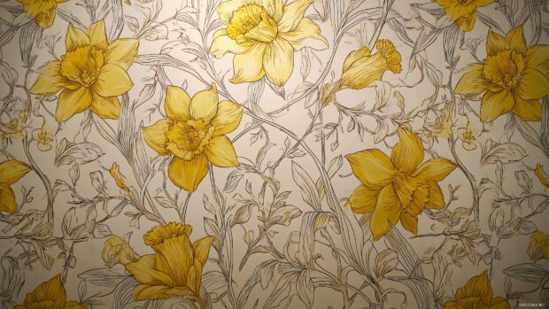 Floral daffodil wallpaper, An intricate pattern of daffodils intertwined with delicate vines, making a lovely backdrop for any spring themed space.