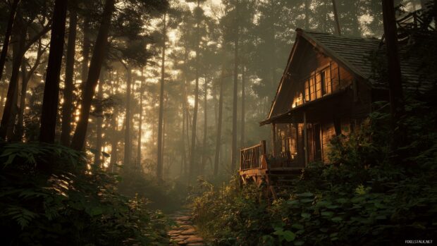 Forest cabin backgrounds, A forest cabin illuminated by soft golden light breaking through the trees.