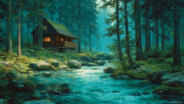 Forest cabin backgrounds, A peaceful forest cabin with a clear stream flowing nearby.
