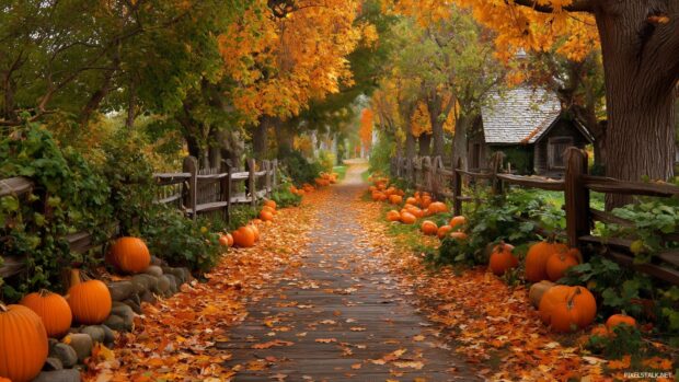 Free Desktop Pumpkin Wallpapers, A picturesque pathway lined with pumpkins and autumn leaves, inviting viewers to stroll through an enchanting fall landscape.