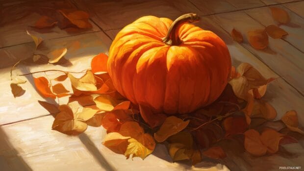 Free Desktop Pumpkin Wallpapers, A vibrant artistic portrayal of a pumpkin surrounded by autumn leaves and soft shadows for a cozy feel.