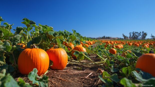 Free Desktop Pumpkin Wallpapers, A vibrant pumpkin patch under a clear blue sky, emphasizing the rich orange hues of the pumpkins and the lush green vines.