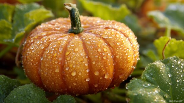 Free Desktop Pumpkin Wallpapers, Close up of a dew covered pumpkin in a garden setting, highlighting intricate details and the freshness of the morning light.