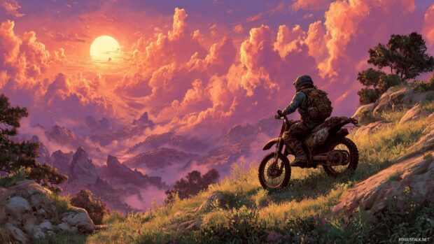 Free HD dirt bike wallpapers presenting an artistic interpretation of a dirt bike in a fantasy landscape.