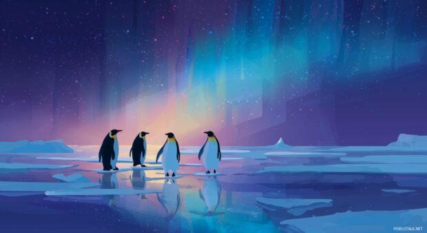 Free Penguin Backgrounds, A scenic image of penguins standing on an ice floe amidst a beautiful aurora borealis.