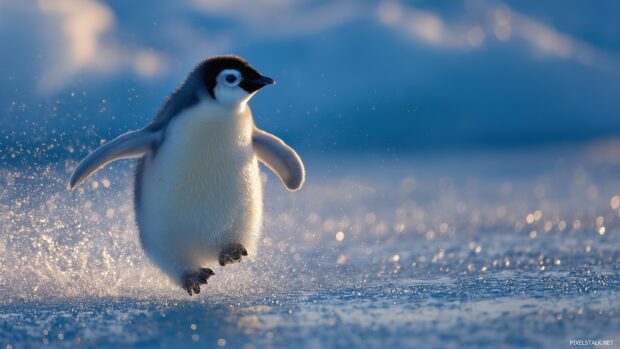 Free Penguin Backgrounds Download, A frozen tundra with a playful penguin sliding belly first into a sparkling sea.