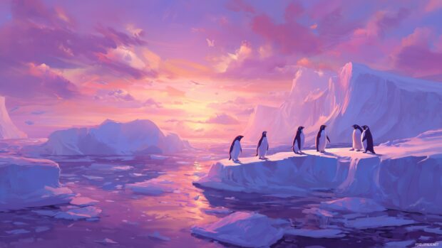 Free Penguin Backgrounds Download, A serene icy landscape featuring playful penguins on icebergs under a glowing sunset.