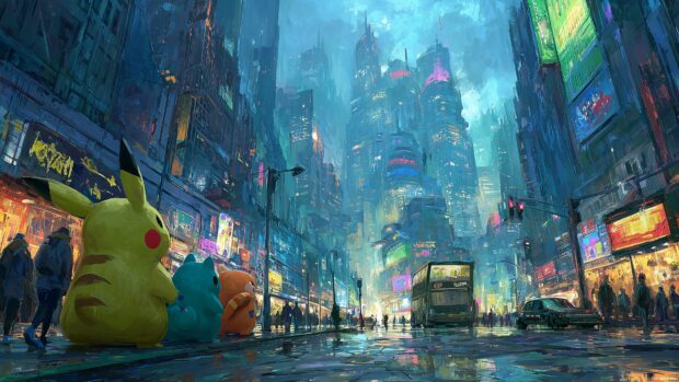 Free Pokemon backgrounds for desktop depicting a futuristic cityscape with cyberpunk Pokemon roaming the streets.