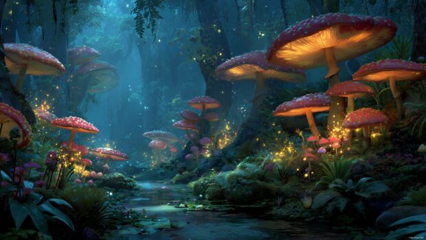 Free Pokemon backgrounds for desktop presenting a mystical forest with glowing mushrooms and hidden Pokemon.