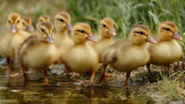 Free cute baby animal backgrounds HD, displaying a group of cheerful ducklings by a pond.