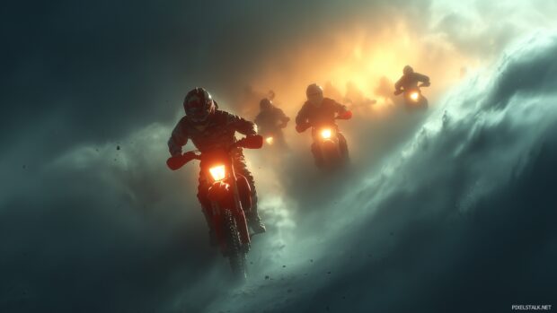Free dirt bike wallpapers for desktop capturing a dreamy scene of bikes flying through clouds.