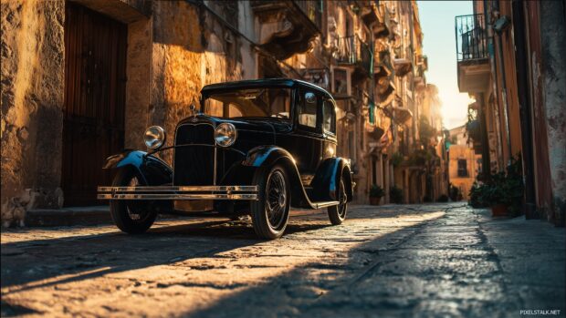 Free high resolution wallpaper hd featuring a classic car parked in an old fashioned street, bathed in warm sunlight.