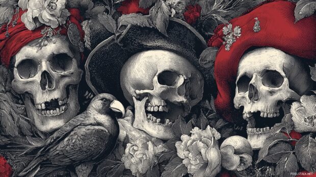 Free skull wallpapers for desktop presenting a classic pirate theme with skull motifs.