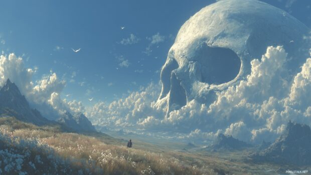 Free skull wallpapers for desktop presenting an ethereal landscape with skull imagery.