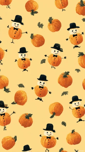 Fun pumpkin wallpaper filled with playful pumpkin characters wearing hats and bow ties dancing across a pale yellow field.