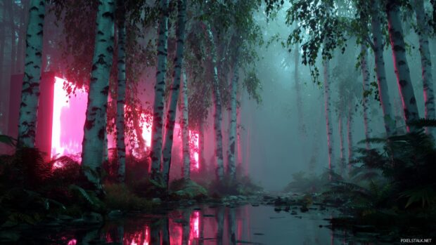 Futuristic birch grove backgrounds featuring neon lights and cyberpunk elements.