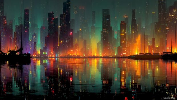 Futuristic city skyline at night with neon lights glowing, live 3D wallpapers for desktop.