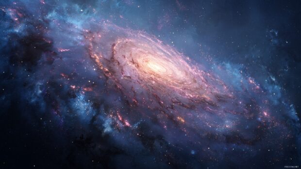 Galaxy backgrounds, A mesmerizing view of a colorful galaxy spiral with bright star clusters and ethereal gas clouds.