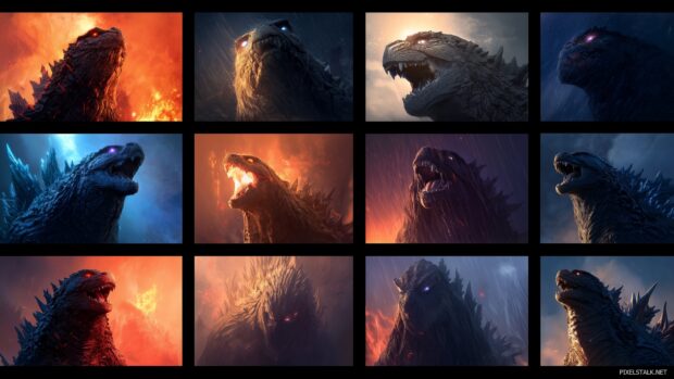 Godzilla themed desktop wallpapers displaying a range of emotions and dramatic poses.
