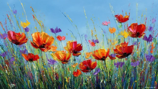 Golden Autumn breeze gently moving vibrant flowers in an open field under a calm blue sky.