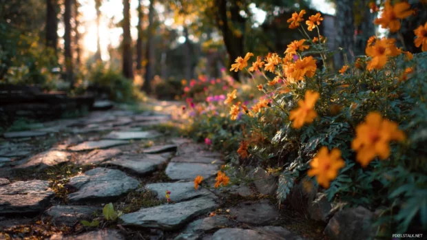 Golden Autumn glow highlighting colorful flowers blooming at the edge of a rustic stone pathway.