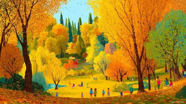 Golden Autumn park with wide open spaces, children playing among piles of leaves and colorful trees.