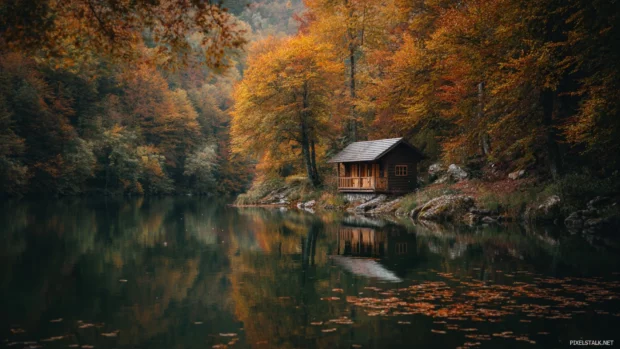Golden Autumn vibes in a quiet lakeside cabin surrounded by colorful trees and soft floating leaves.