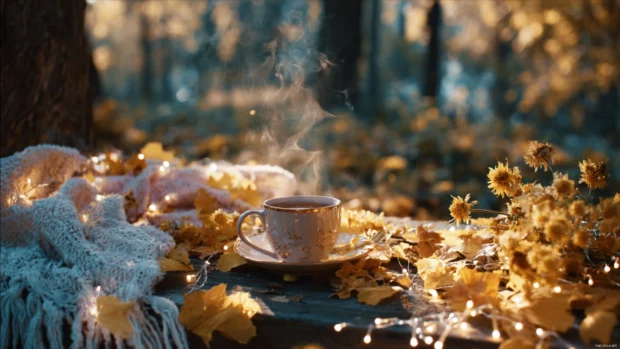 Golden Cozy Autumn park view with fallen leaves, a steaming cup of tea, and delicate fairy lights in an Aesthetic setting.