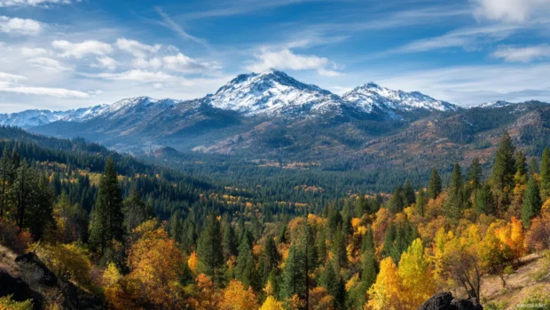Golden Fall forest stretching across the foothills of snow capped mountains under a bright autumn sky.