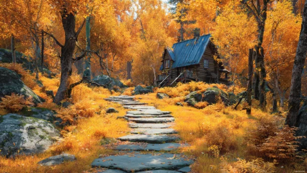 Golden Fall forest with a winding stone path leading to a cozy wooden cottage, bright 3D rendering.