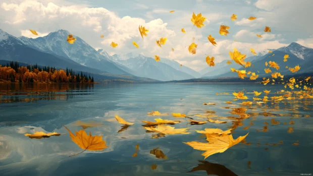 Golden Fall leaves floating over a peaceful lake with mountains in the distance, rendered in soft 3D style.