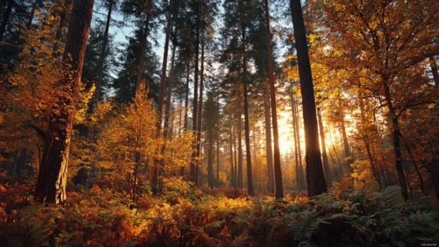 Golden hour in Fall with warm light shining through vibrant autumn trees in a serene forest, 4K quality.