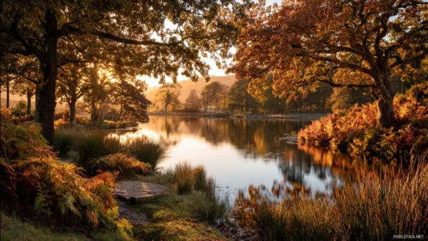 Golden hour light enhances a tranquil autumn landscape featuring a quiet lake surrounded by fiery foliage.
