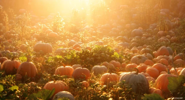 Golden sunlight illuminating a Pumpkin patch filled with various shapes and sizes, creating a magical autumn scene.