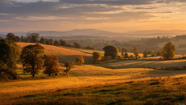 Golden sunsets lighting up Beautiful Autumn fields and distant hills covered in glowing trees.