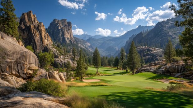 Golf course wallpapers, A charming golf course framed by rugged mountains, showcasing the breathtaking natural landscape.