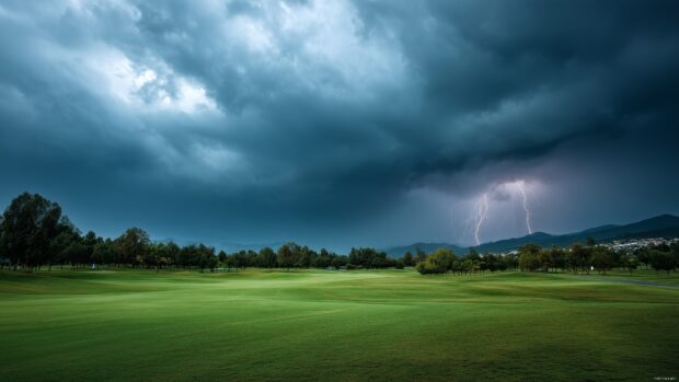 Golf landscape backgrounds, A dramatic view of a golf course during a stormy day, with dark clouds and flashes of lightning in the background.