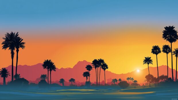 Golf landscape backgrounds, A vibrant sunset behind a golf course, illuminating the silhouettes of palm trees and the distant mountains.