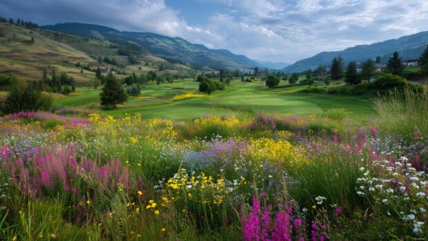 Golf scenery wallpapers, A beautiful fairway lined with colorful wildflowers, set against a backdrop of rolling hills.