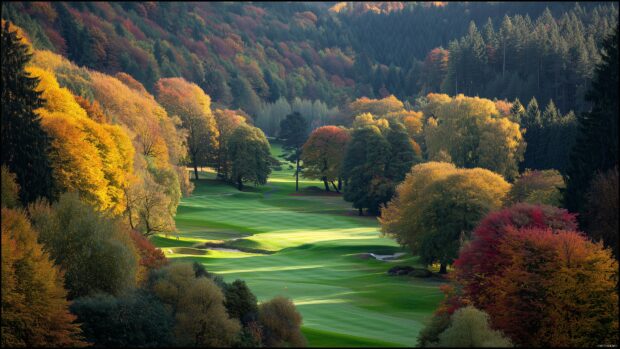 Golf scenery wallpapers, An idyllic golf course surrounded by autumn foliage, showcasing vibrant colors of the changing leaves.