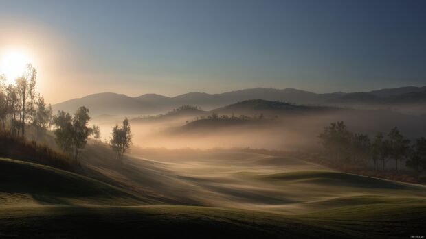 Golf wallpapers HD, A misty morning scene on a golf course, with fog rolling over the hills and the sun peeking through.